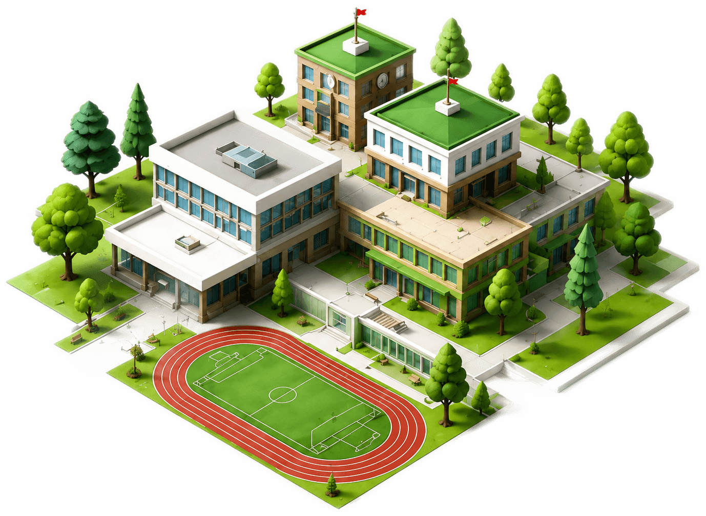 Isometric illustration of a modern school campus with sports facilities