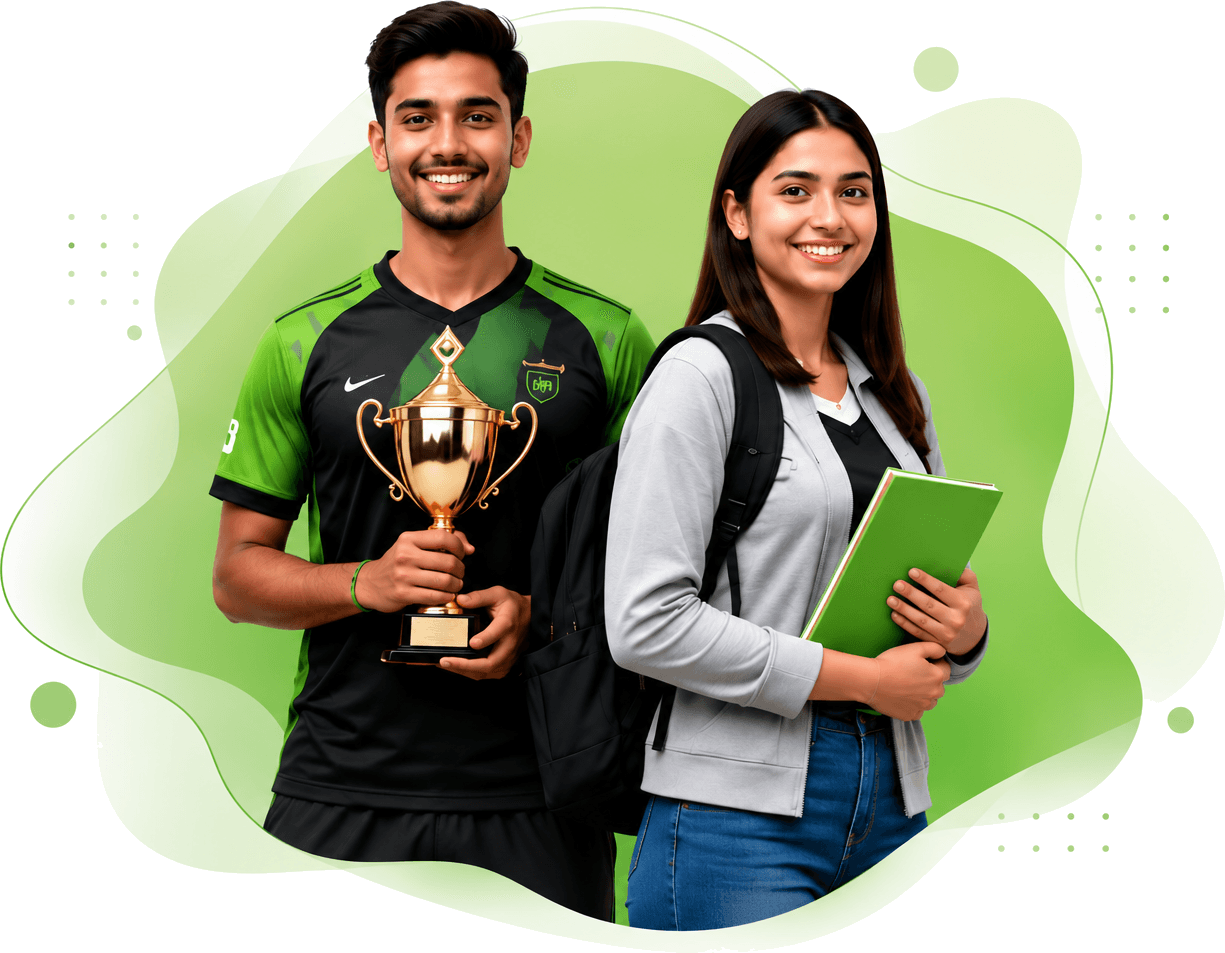 Students celebrating talent — athlete with trophy and student with books